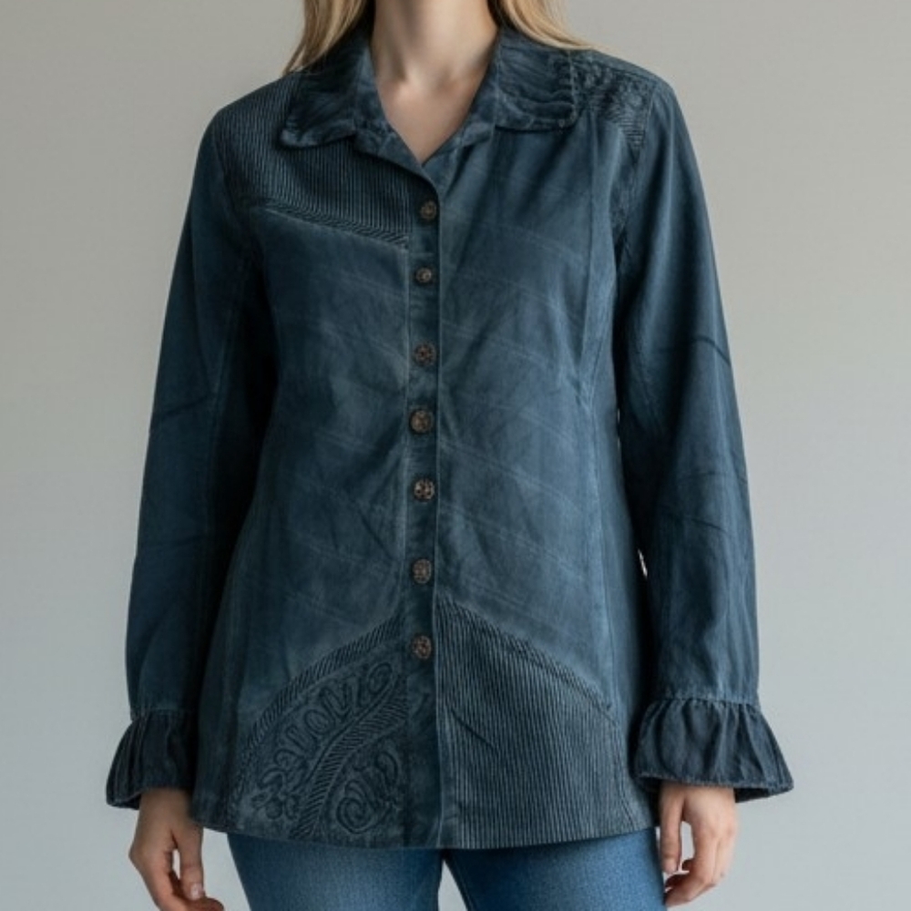 NEW! L Parsley & Sage Slate Blue Button-Front Shirt  4281